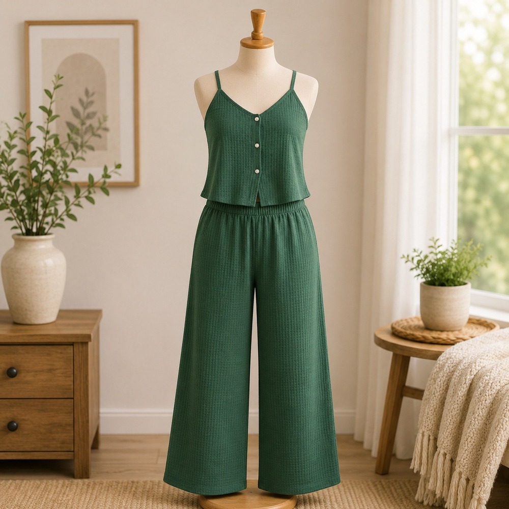 NWT‎ Cupshe 2 Piece Pajama Set Womens Medium Green Waffle Knit Camisole Wide Leg